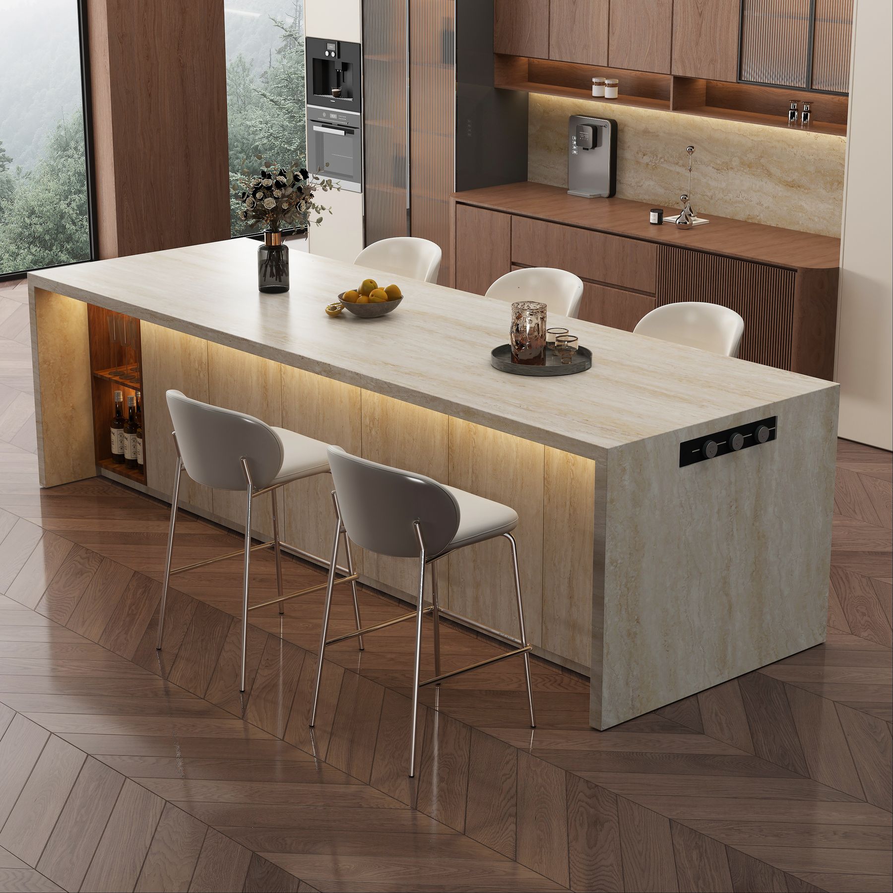 Warm wood kitchen with a large stone island